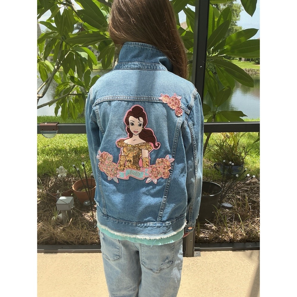 Disney Belle Beauty & The Beast Girls Distressed Denim Jacket 11-12 Sequins